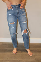 Distressed High Rise Mom Jeans